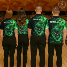Load image into Gallery viewer, Four people wearing a black bowling quarter zip shirt featuring a flaming skull with glowing orange eyes, green smoke effects, and custom “TEAM NAME” text.
