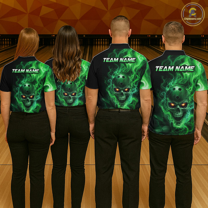 Four people wearing matching green and black shirts with a skull design on a bowling alley.