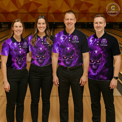 Four people wearing a black bowling polo shirt featuring a flaming skull with glowing orange eyes, purple smoke effects, and custom “YOUR NAME” text