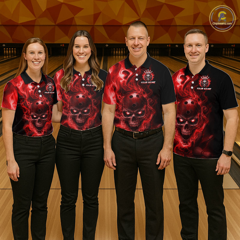 Four people wearing a black bowling polo shirt featuring a flaming skull with glowing red eyes, red smoke effects, and custom “YOUR NAME” text