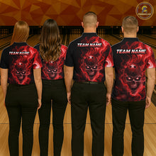 Load image into Gallery viewer, Four people wearing a black bowling polo shirt featuring a flaming skull with glowing red eyes, red smoke effects, and custom “TEAM NAME” text
