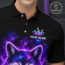 Load image into Gallery viewer, A close-up of a person wearing a black polo shirt with a vibrant purple and blue cosmic wolf graphic and a custom bowling pins and crown design above the text 'YOUR NAME'.