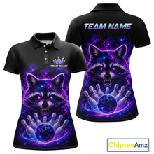 Load image into Gallery viewer, Black short-sleeve polo shirt shown from front and back with a vivid cosmic raccoon graphic in purple, blue, and pink. The front has a small crown logo and the text 'YOUR NAME', while the back has 'TEAM NAME' across the shoulders.