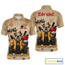 Load image into Gallery viewer, Front and back views of a beige short-sleeve polo shirt featuring a cartoon bulldog wearing a yellow jacket, holding red bowling balls, with bowling pins, speakers, paw prints, and customizable text like 'TEAM NAME' and 'YOUR NAME'.