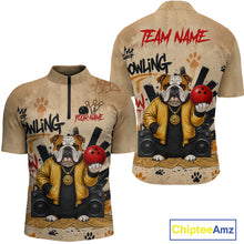Load image into Gallery viewer, Front and back views of a short-sleeve zip-neck cycling jersey on a white background. The jersey features a cartoon bulldog wearing a yellow jacket and holding red bowling balls, with 'HOWLING' and 'YOUR NAME' text, paw prints, and black graphics on a tan base.