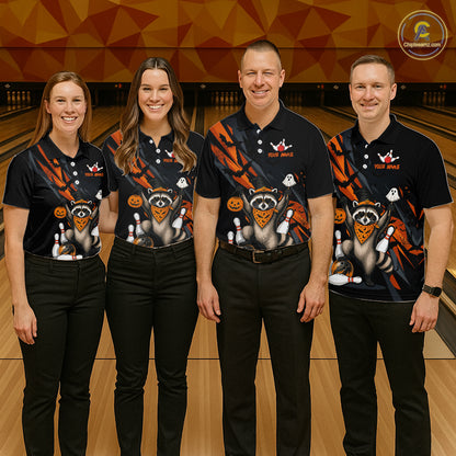 Four people wearing a black Halloween bowling quarter zip featuring a raccoon wearing an orange bandana, ghost and pumpkin accents, bowling pins and ball, with personalized name and team name text.