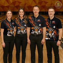 Load image into Gallery viewer, Four people wearing a black Halloween bowling quarter zip featuring a raccoon wearing an orange bandana, ghost and pumpkin accents, bowling pins and ball, with personalized name and team name text.