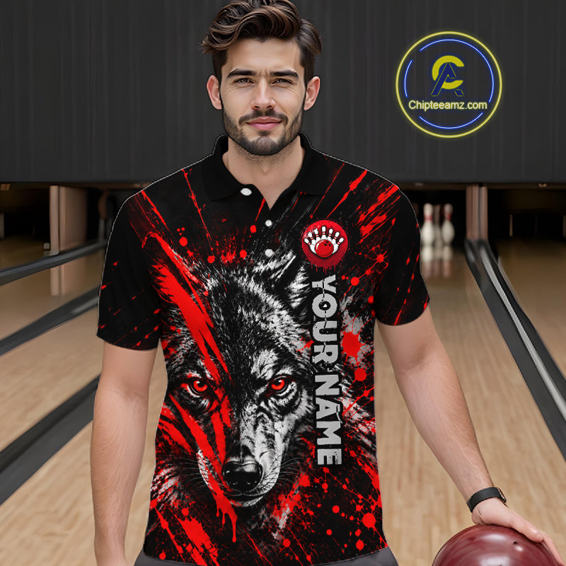 Custom Black Red Wolf Bowling Team Shirts for Men Bowling League Shirts Polo & 1/4 Zip HNT636
