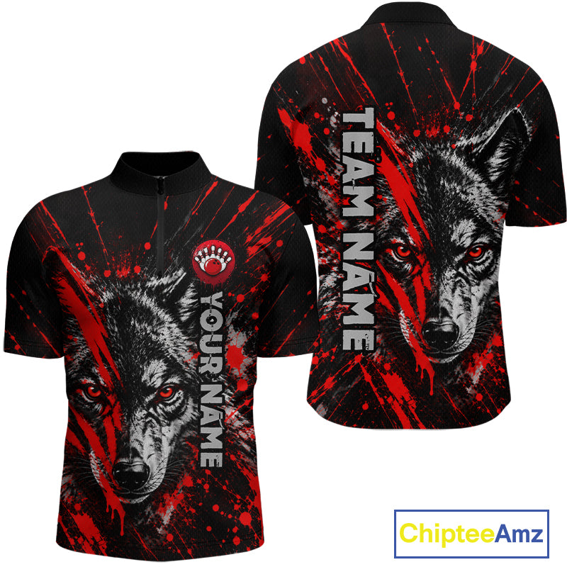 Custom Black Red Wolf Bowling Team Shirts for Men Bowling League Shirts Polo & 1/4 Zip HNT636