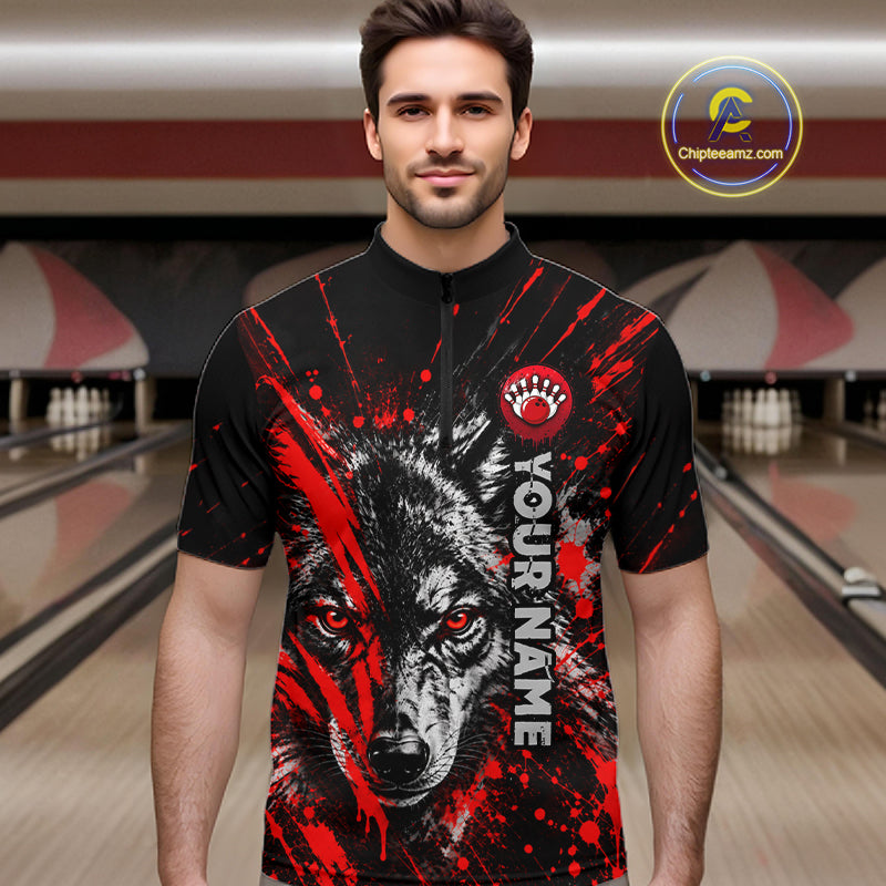 Custom Black Red Wolf Bowling Team Shirts for Men Bowling League Shirts Polo & 1/4 Zip HNT636