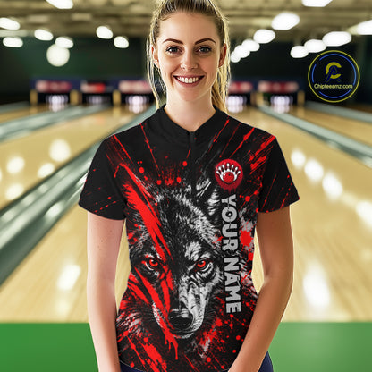 Custom Black Red Wolf Bowling Team Shirts for Women Bowling League Shirts Polo & 1/4 Zip HNT636