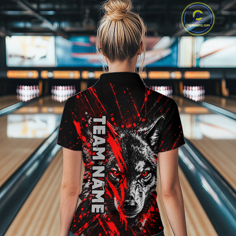 Custom Black Red Wolf Bowling Team Shirts for Women Bowling League Shirts Polo & 1/4 Zip HNT636