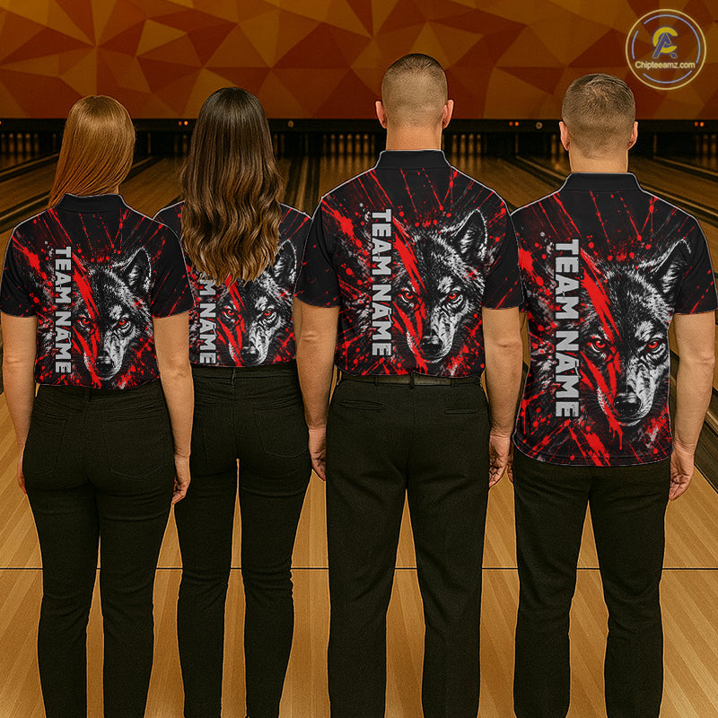 Custom Black Red Wolf Bowling Team Shirts for Men Bowling League Shirts Polo & 1/4 Zip HNT636