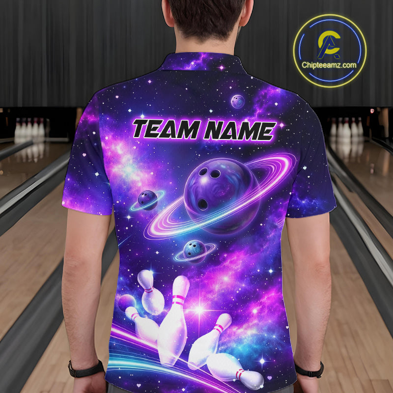 Man wearing a purple galaxy bowling quarter zip with ringed planet bowling balls, white pins, and custom team name text.