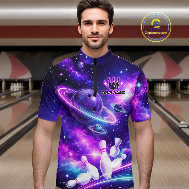 Man wearing a purple galaxy bowling quarter zip with ringed planet bowling balls, white pins, and custom team and player name text.