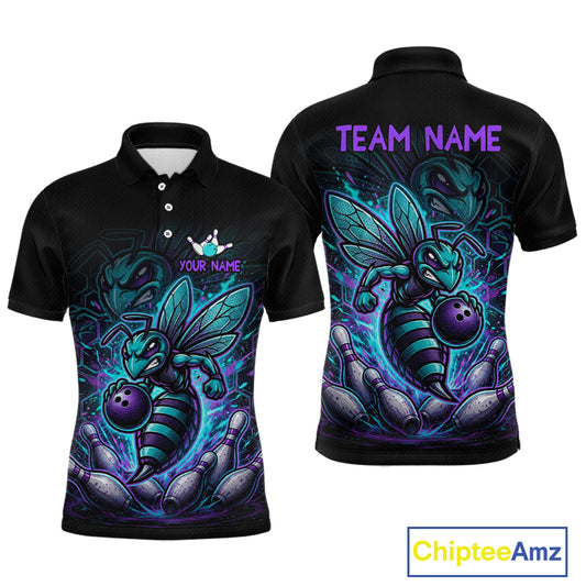 Front and back views of a black bowling polo with teal and purple bee graphics, custom team text, bowling pins, and a purple bowling ball.