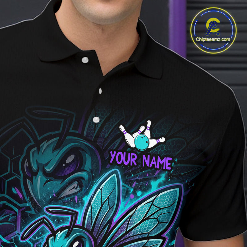 Black polo shirt with colorful graphic design and 'Your Name' text, brand logo visible.