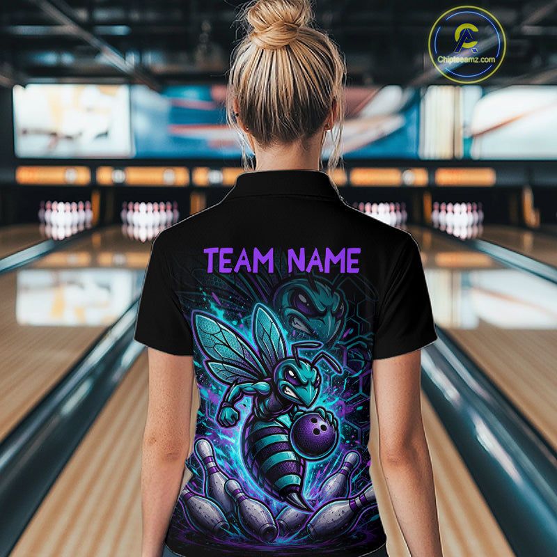 Woman wearing a black bowling polo with teal and purple bee graphics, custom team text, bowling pins, and a purple bowling ball.
