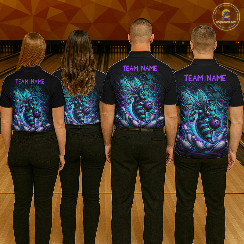 Four people wearing black bowling polo with teal and purple bee graphics, custom team text, bowling pins, and a purple bowling ball.