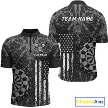 Load image into Gallery viewer, Front and back darts quarter zip shirt featuring dartboard graphics blended with a american flag pattern on a black gray background.
