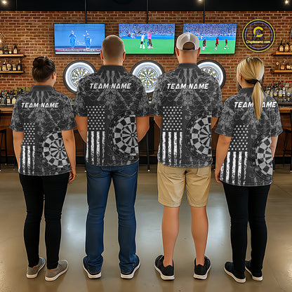 Four people wearing darts polo shirt featuring dartboard graphics blended with a american flag flag pattern on a black gray background.