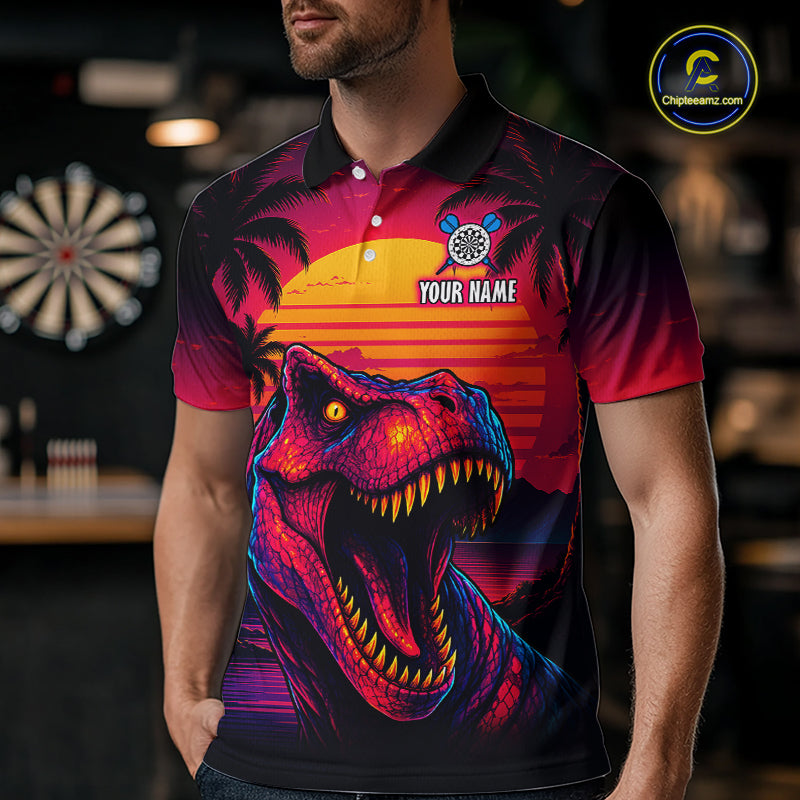 Man wearing darts polo shirt featuring a dinosaur holding a dartboard with sunset and palm tree artwork on a colorful background