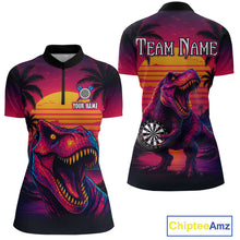Load image into Gallery viewer, Front and back darts quarter zip shirt featuring a dinosaur holding a dartboard with sunset and palm tree artwork on a colorful background.
