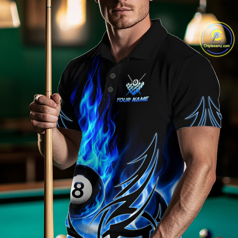 Blue Flame Mens Billiard 8 Ball Polo & Quarter Zip Shirts Custom Billiard Shirts For Team NNT321
