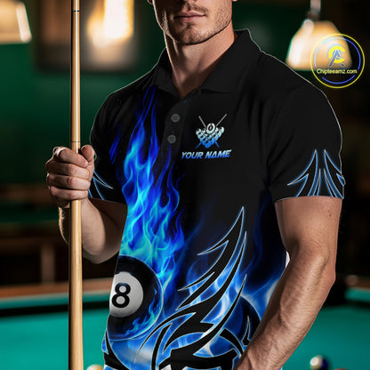 Blue Flame Mens Billiard 8 Ball Polo & Quarter Zip Shirts Custom Billiard Shirts For Team NNT321