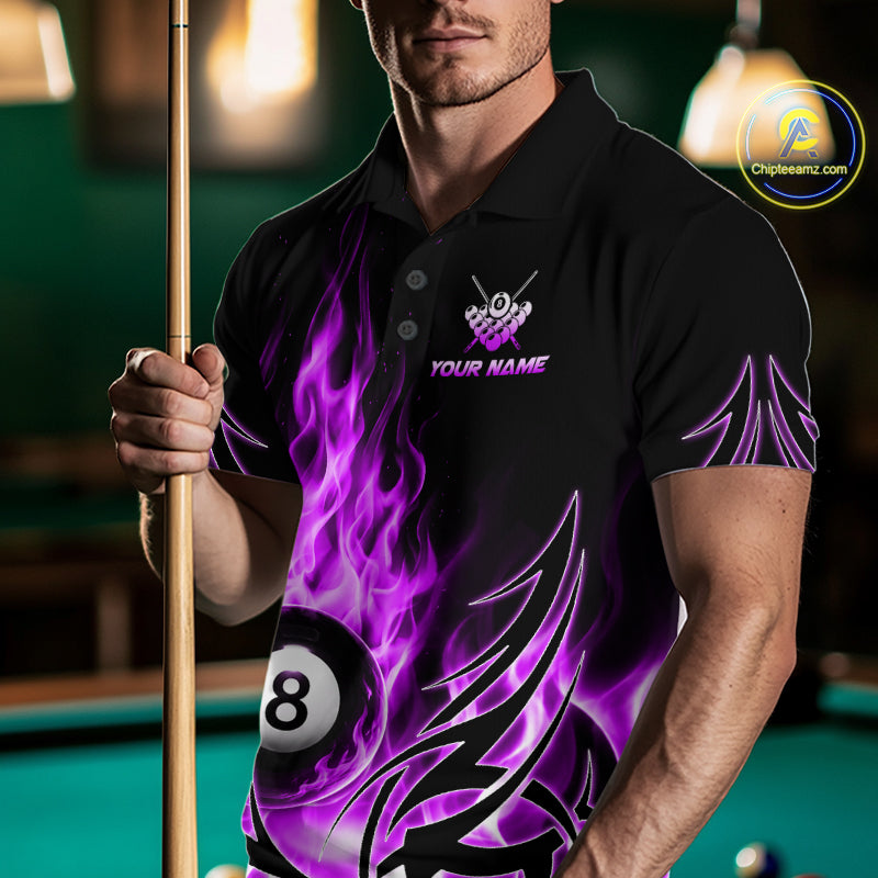Purple Flame Mens Billiard 8 Ball Polo & Quarter Zip Shirts Custom Billiard Shirts For Team NNT321