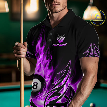 Purple Flame Mens Billiard 8 Ball Polo & Quarter Zip Shirts Custom Billiard Shirts For Team NNT321