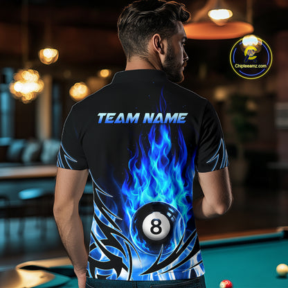 Blue Flame Mens Billiard 8 Ball Polo & Quarter Zip Shirts Custom Billiard Shirts For Team NNT321