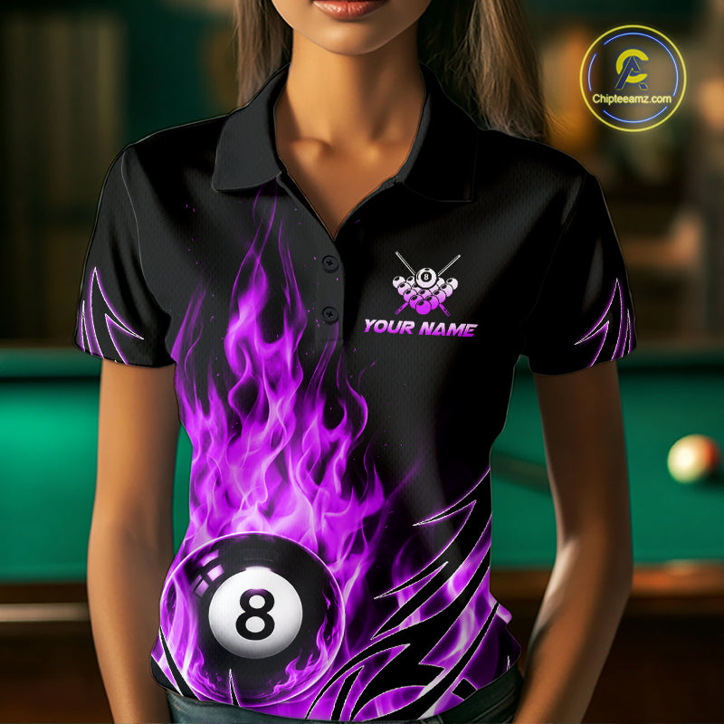 Purple Flame Womens Billiard 8 Ball Polo & Quarter Zip Shirts Custom Billiard Shirts For Team NNT321