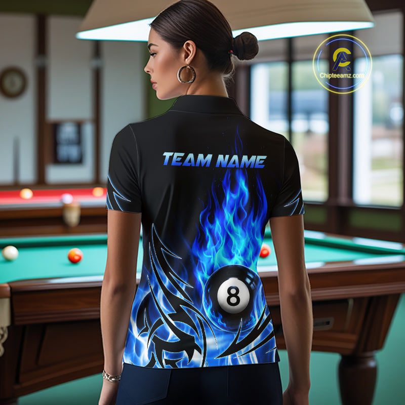 Blue Flame Womens Billiard 8 Ball Polo & Quarter Zip Shirts Custom Billiard Shirts For Team NNT321