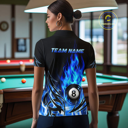 Blue Flame Womens Billiard 8 Ball Polo & Quarter Zip Shirts Custom Billiard Shirts For Team NNT321