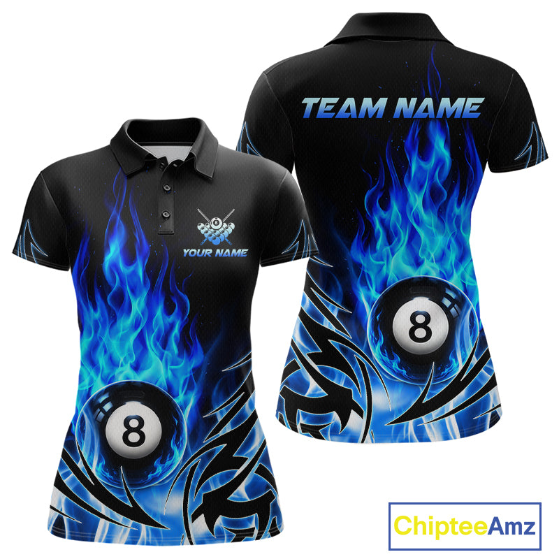 Blue Flame Womens Billiard 8 Ball Polo & Quarter Zip Shirts Custom Billiard Shirts For Team NNT321