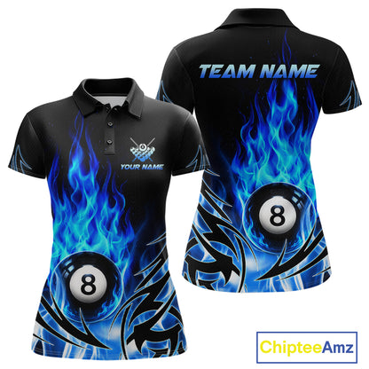 Blue Flame Womens Billiard 8 Ball Polo & Quarter Zip Shirts Custom Billiard Shirts For Team NNT321