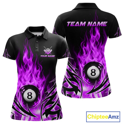 Purple Flame Womens Billiard 8 Ball Polo & Quarter Zip Shirts Custom Billiard Shirts For Team NNT321
