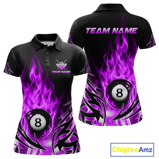 Purple Flame Womens Billiard 8 Ball Polo & Quarter Zip Shirts Custom Billiard Shirts For Team NNT321