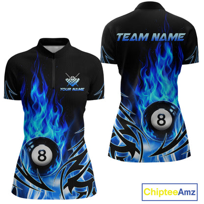 Blue Flame Womens Billiard 8 Ball Polo & Quarter Zip Shirts Custom Billiard Shirts For Team NNT321