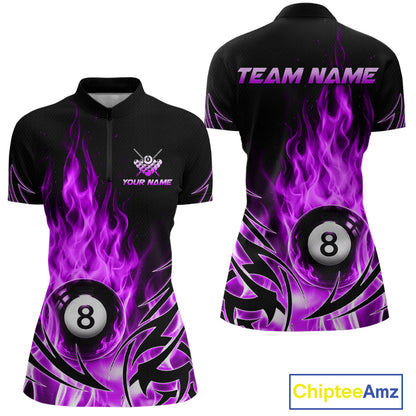Purple Flame Womens Billiard 8 Ball Polo & Quarter Zip Shirts Custom Billiard Shirts For Team NNT321