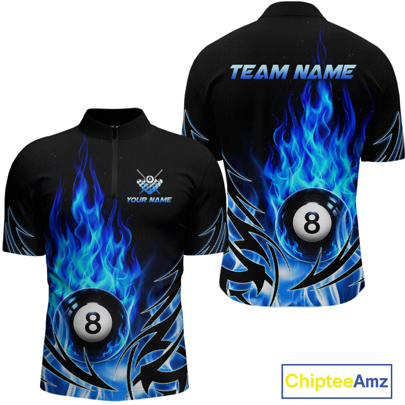 Blue Flame Mens Billiard 8 Ball Polo & Quarter Zip Shirts Custom Billiard Shirts For Team NNT321