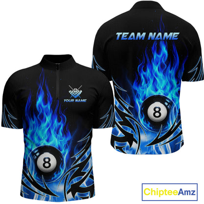 Blue Flame Mens Billiard 8 Ball Polo & Quarter Zip Shirts Custom Billiard Shirts For Team NNT321