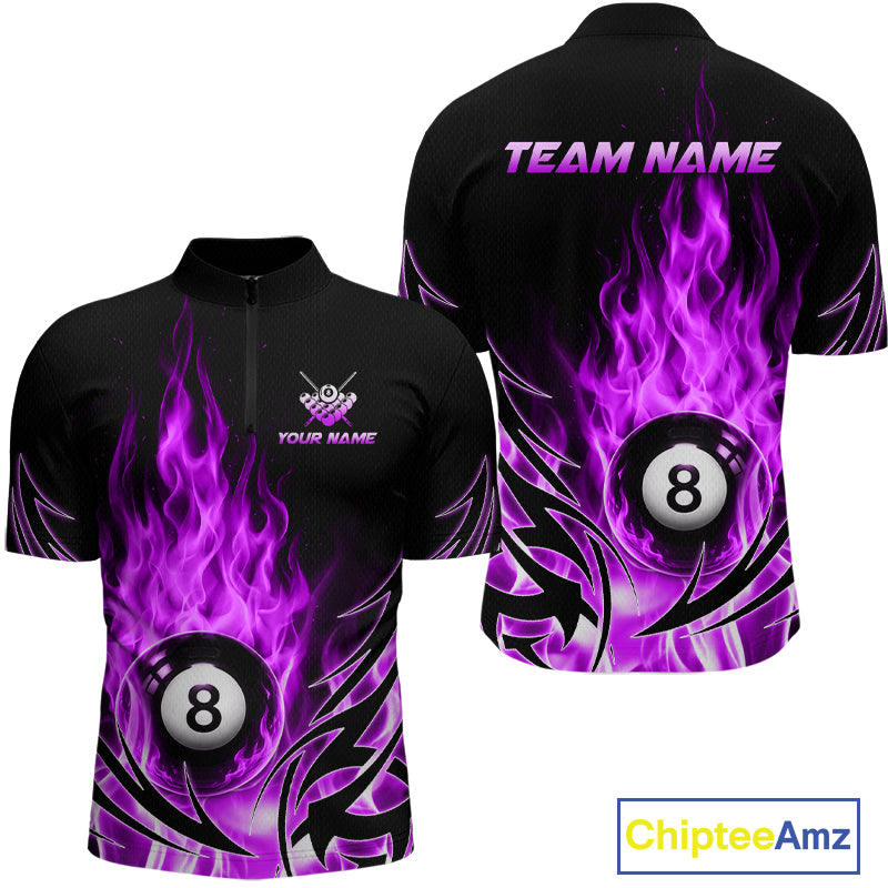 Purple Flame Mens Billiard 8 Ball Polo & Quarter Zip Shirts Custom Billiard Shirts For Team NNT321