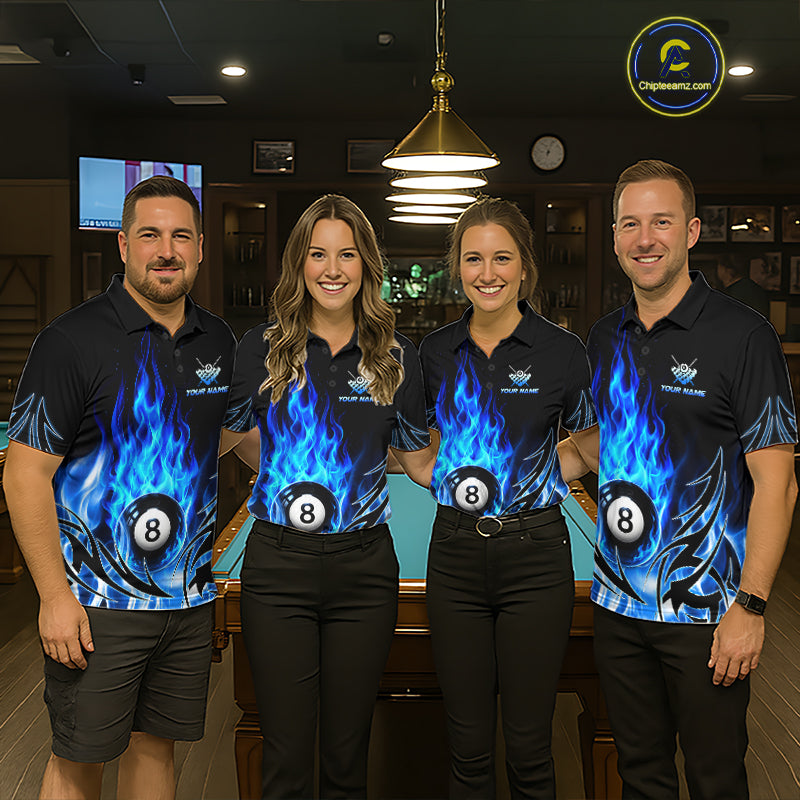 Blue Flame Womens Billiard 8 Ball Polo & Quarter Zip Shirts Custom Billiard Shirts For Team NNT321