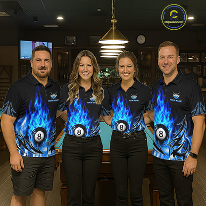 Blue Flame Mens Billiard 8 Ball Polo & Quarter Zip Shirts Custom Billiard Shirts For Team NNT321