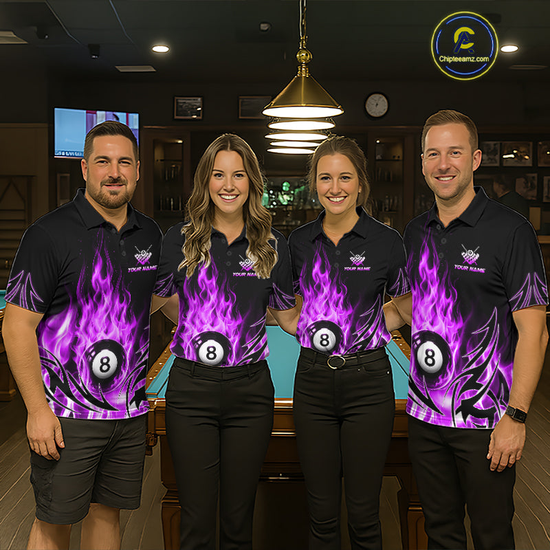 Purple Flame Womens Billiard 8 Ball Polo & Quarter Zip Shirts Custom Billiard Shirts For Team NNT321