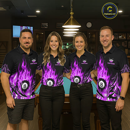 Purple Flame Womens Billiard 8 Ball Polo & Quarter Zip Shirts Custom Billiard Shirts For Team NNT321