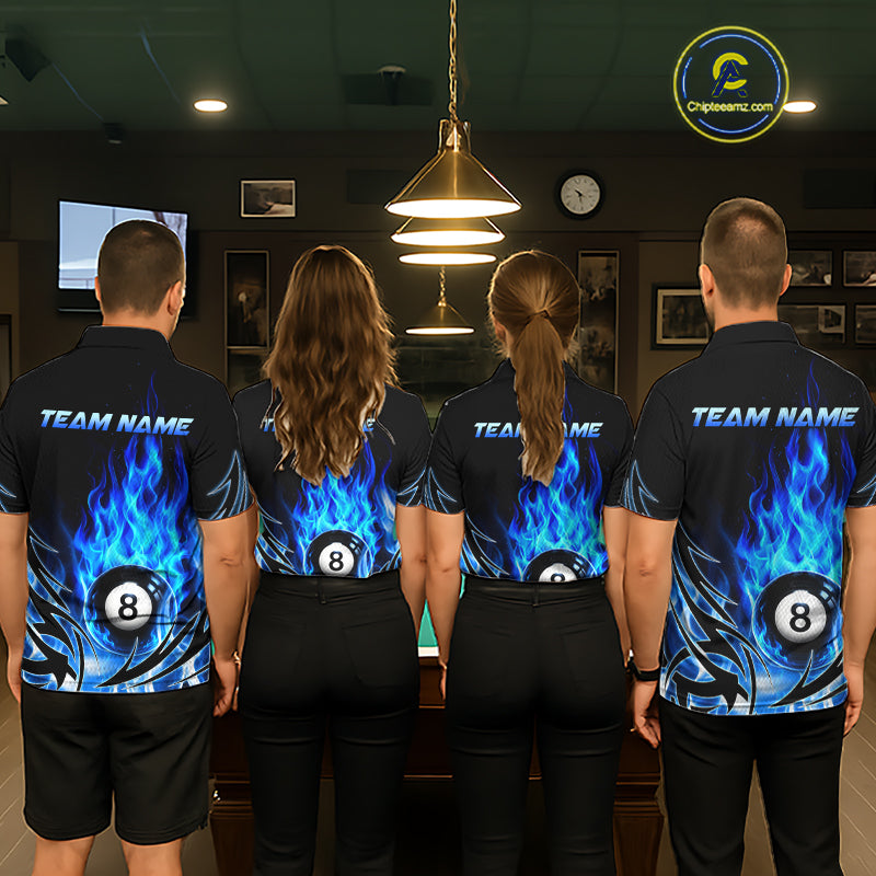 Blue Flame Womens Billiard 8 Ball Polo & Quarter Zip Shirts Custom Billiard Shirts For Team NNT321