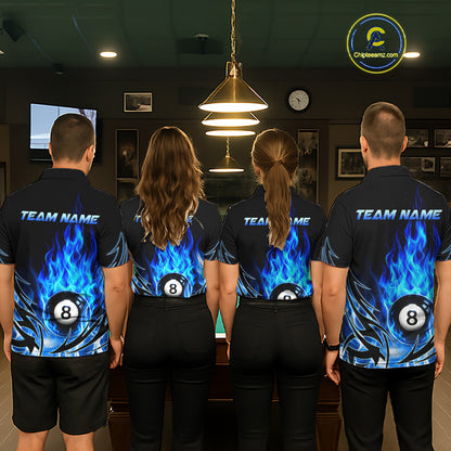 Blue Flame Womens Billiard 8 Ball Polo & Quarter Zip Shirts Custom Billiard Shirts For Team NNT321